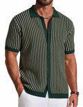 COOFANDY Mens Knit Button Down Shirts Short Sleeve Polo Shirt Vintage Striped Casual Shirts