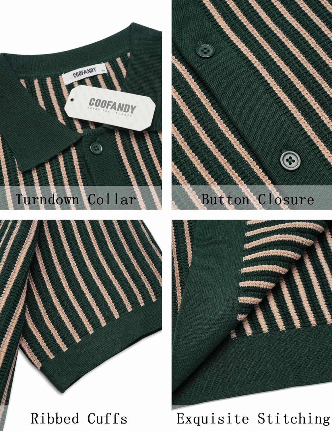 COOFANDY Mens Knit Button Down Shirts Short Sleeve Polo Shirt Vintage Striped Casual Shirts