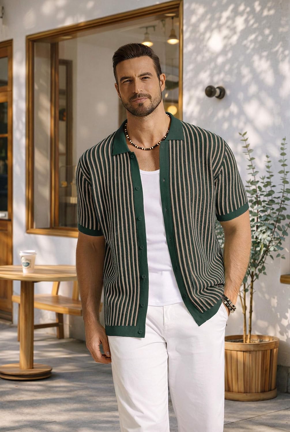 COOFANDY Mens Knit Button Down Shirts Short Sleeve Polo Shirt Vintage Striped Casual Shirts