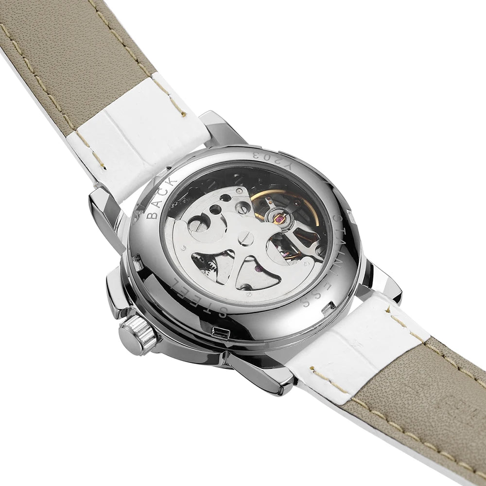 Winner Women’s Automatic Watch Self-Winding Mechanical Fashion Casual Skeleton Elegant White Leather Lady Wristwatch Girl Dress
