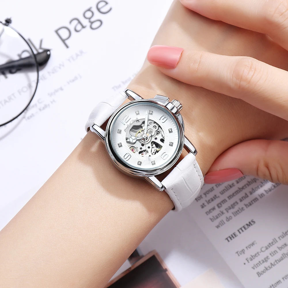 Winner Women’s Automatic Watch Self-Winding Mechanical Fashion Casual Skeleton Elegant White Leather Lady Wristwatch Girl Dress