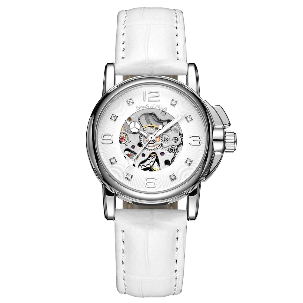 Winner Women’s Automatic Watch Self-Winding Mechanical Fashion Casual Skeleton Elegant White Leather Lady Wristwatch Girl Dress