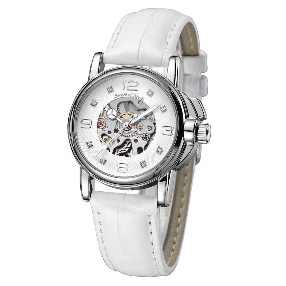 Winner Women’s Automatic Watch Self-Winding Mechanical Fashion Casual Skeleton Elegant White Leather Lady Wristwatch Girl Dress