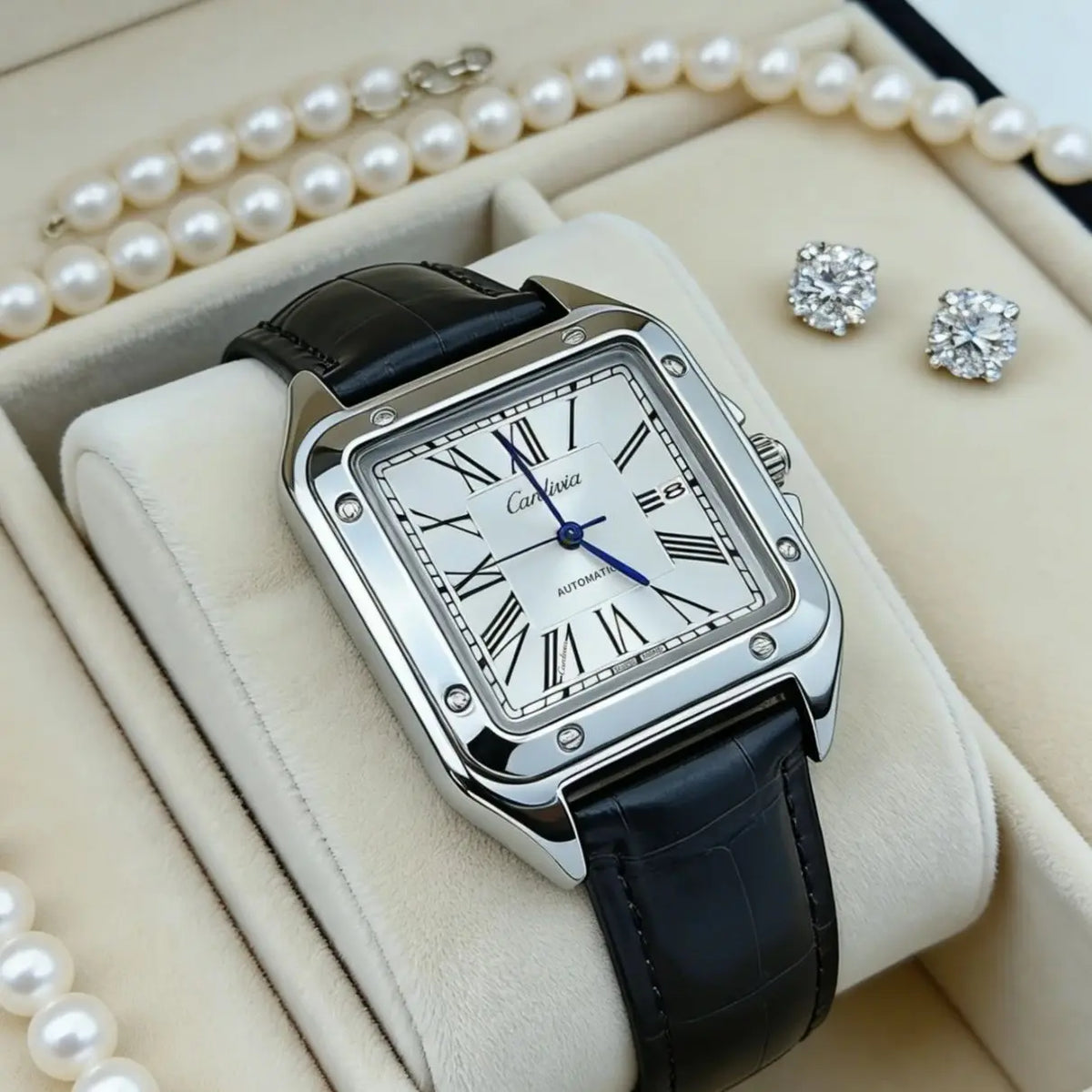 New Women's Watch with Square Roman Numerals, Quartz Movement, Luxurious Stainless Steel Case, Black Leather Strap, Elegant Dress Watch, Date Display, Waterproof, Classic Wristwatch, Women's Vintage Style Watch for Formal and