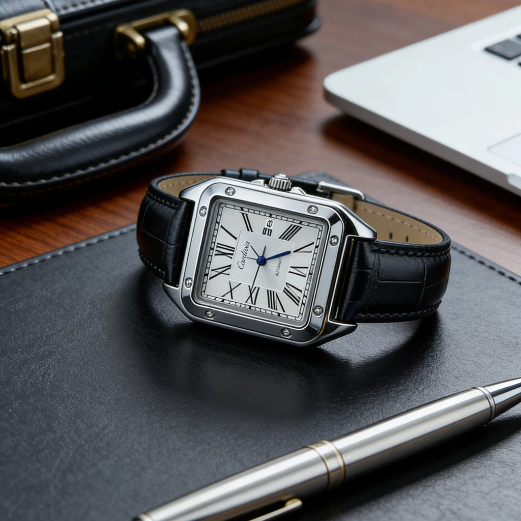 New Women's Watch with Square Roman Numerals, Quartz Movement, Luxurious Stainless Steel Case, Black Leather Strap, Elegant Dress Watch, Date Display, Waterproof, Classic Wristwatch, Women's Vintage Style Watch for Formal and