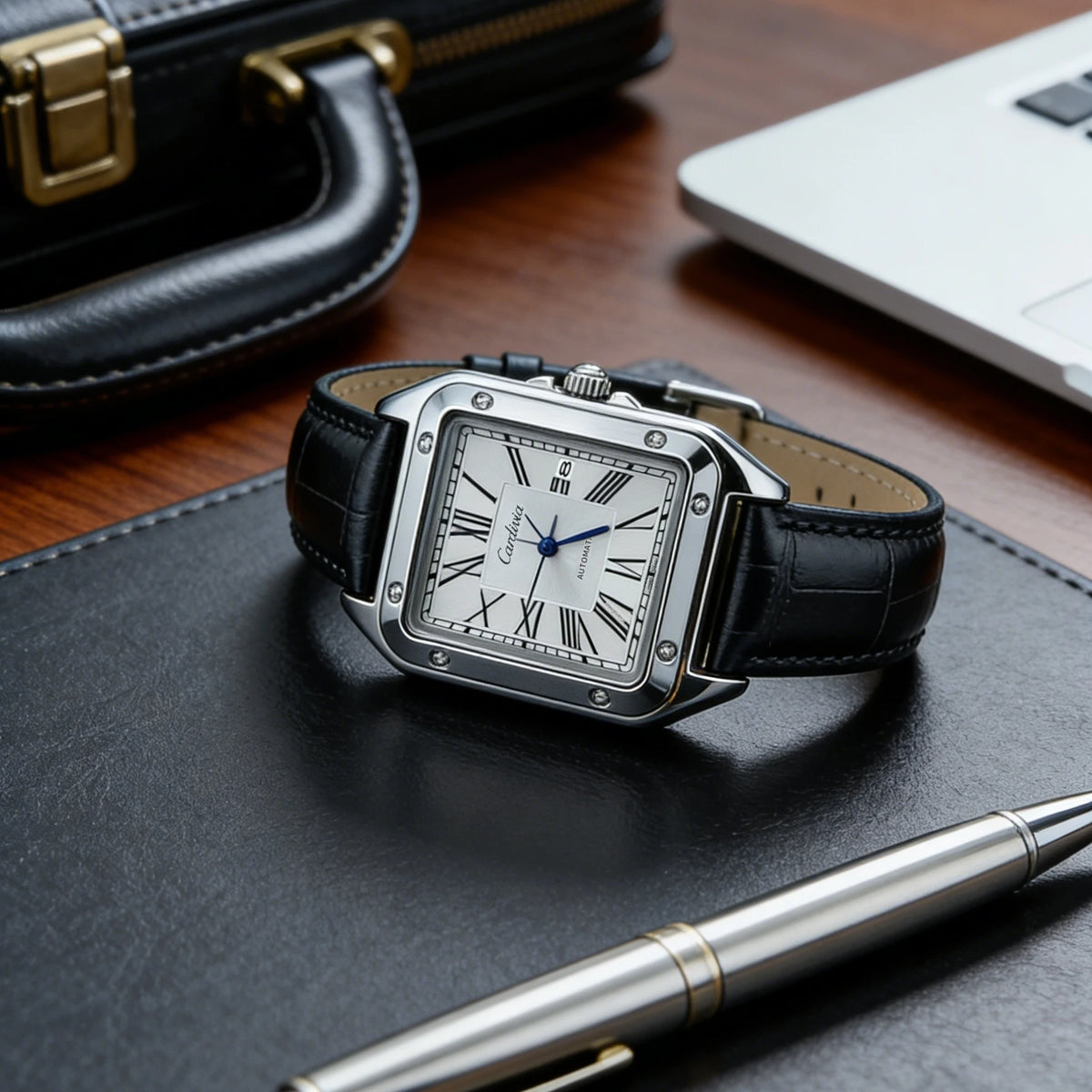 New Women's Watch with Square Roman Numerals, Quartz Movement, Luxurious Stainless Steel Case, Black Leather Strap, Elegant Dress Watch, Date Display, Waterproof, Classic Wristwatch, Women's Vintage Style Watch for Formal and