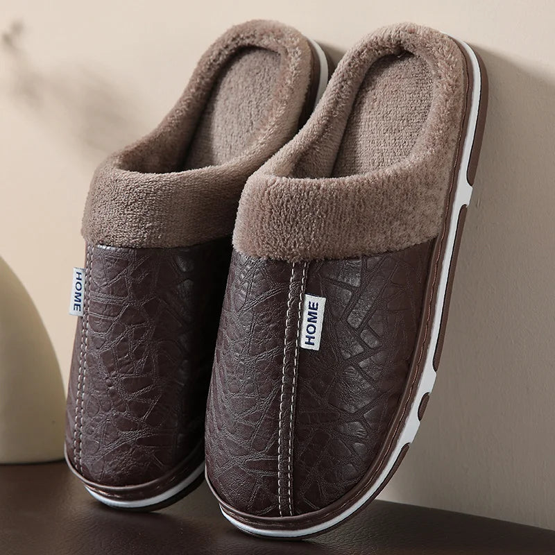 Mens Winter Slippers PU Leather Waterproof Indoor House Shoes Big Size ...