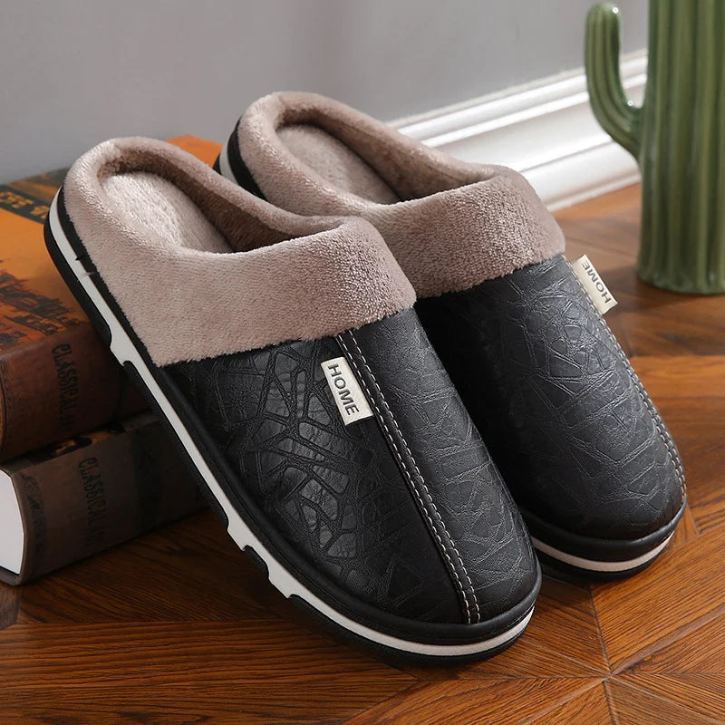 Mens Winter Slippers PU Leather Waterproof Indoor House Shoes Big Size ...