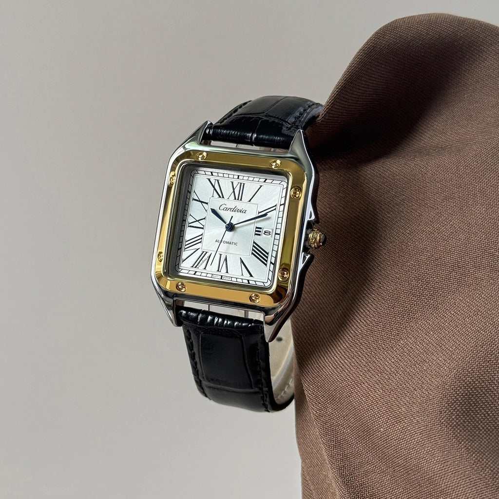 New Women's Watch with Square Roman Numerals, Quartz Movement, Luxurious Stainless Steel Case, Black Leather Strap, Elegant Dress Watch, Date Display, Waterproof, Classic Wristwatch, Women's Vintage Style Watch for Formal and