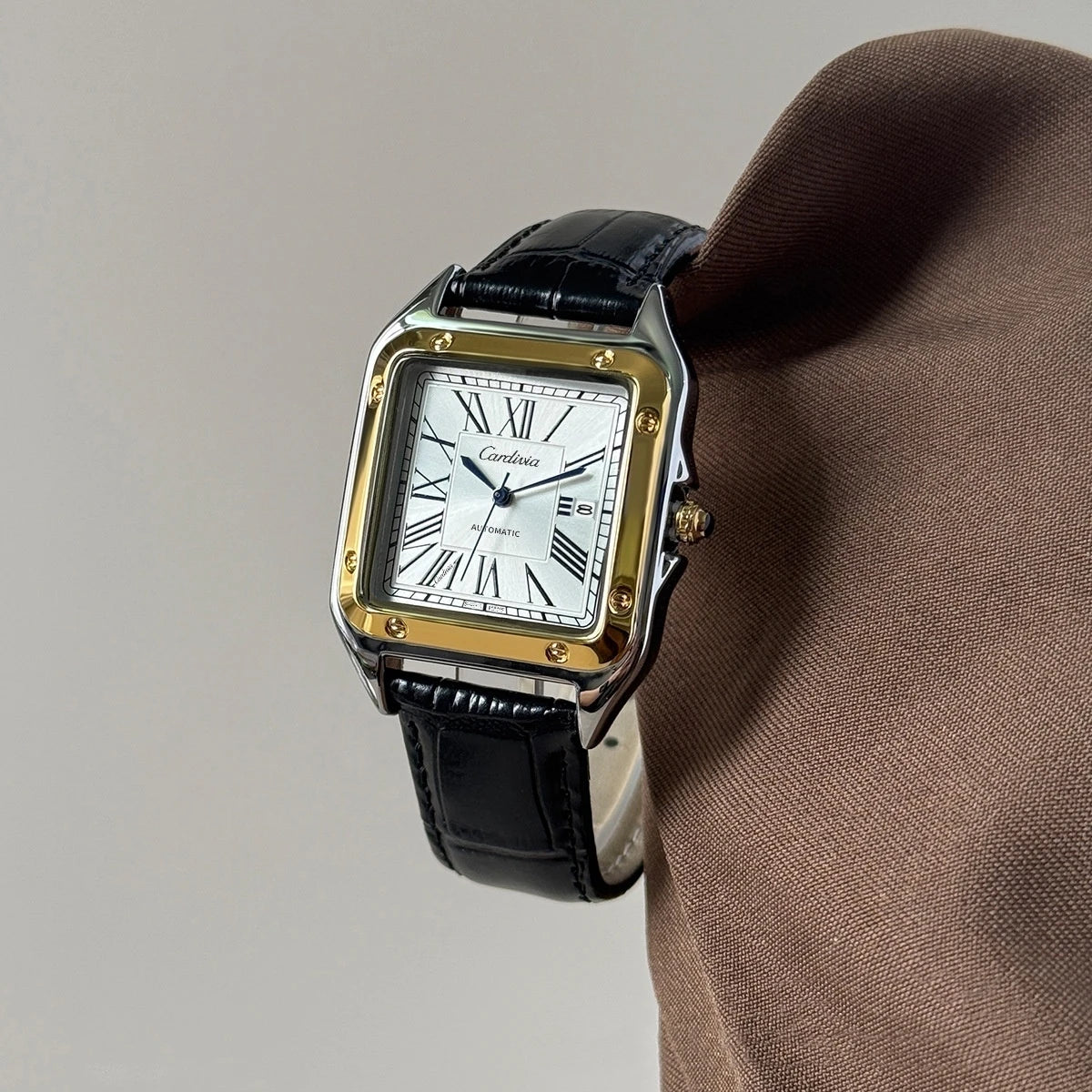 New Women's Watch with Square Roman Numerals, Quartz Movement, Luxurious Stainless Steel Case, Black Leather Strap, Elegant Dress Watch, Date Display, Waterproof, Classic Wristwatch, Women's Vintage Style Watch for Formal and