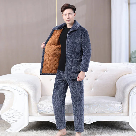 KIDWHXR Winter Men Thickened Pajama Set Long Sleeve Pocket Coat Man Straight-leg Pant Male Two Piece Lounge Sleepwear Suit