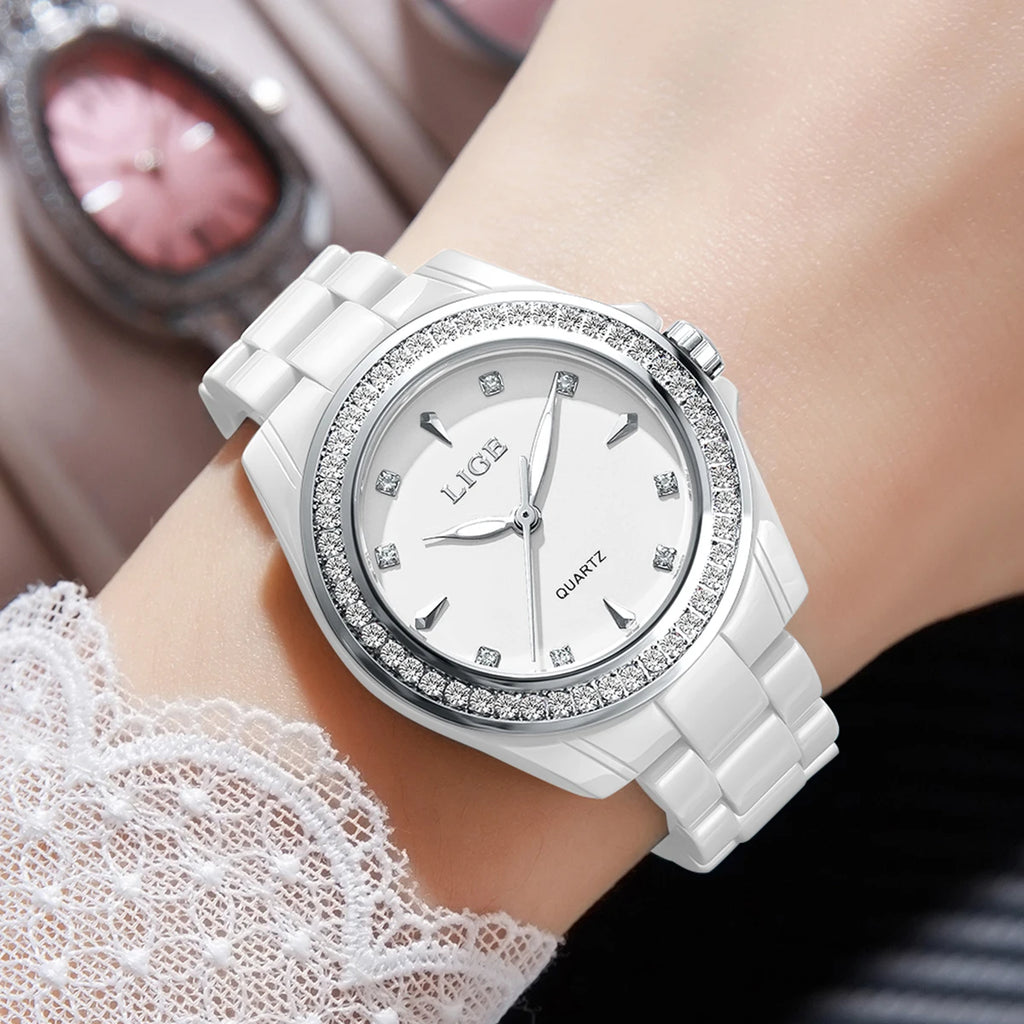 LIGE TOP Women Quartz Watches 2026 Ceramic Elegant Fashion Waterproof Luminous Clock Vintage Watch for Women Reloj De Mujer+BOX