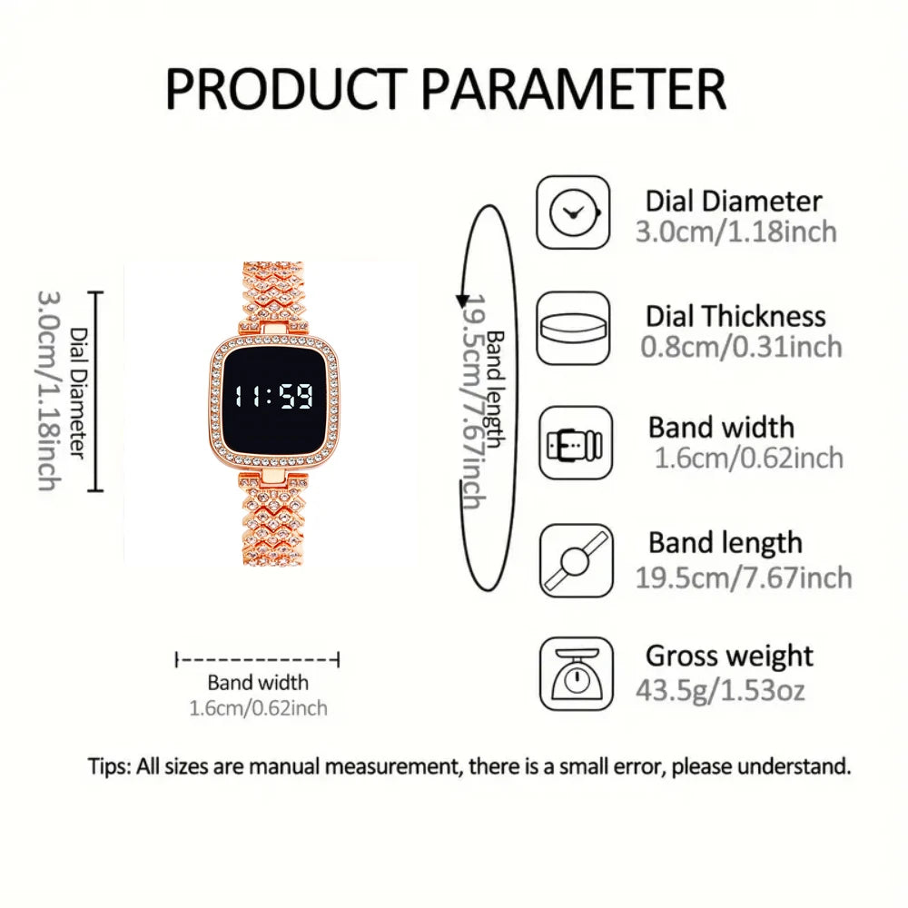 Women Led Watch 6pcs Set  Fashion Casual  Digital Watch FREE Bracelet Ring Necklace Earring