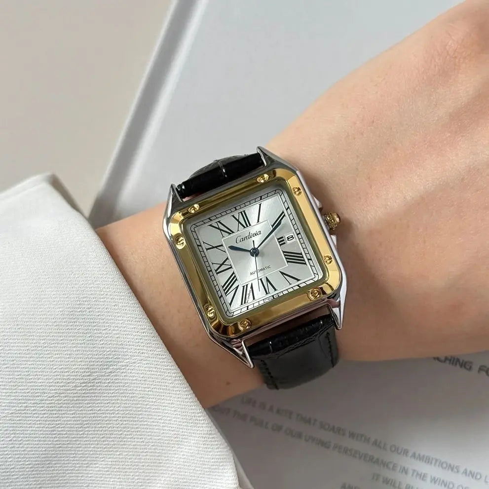 New Women's Watch with Square Roman Numerals, Quartz Movement, Luxurious Stainless Steel Case, Black Leather Strap, Elegant Dress Watch, Date Display, Waterproof, Classic Wristwatch, Women's Vintage Style Watch for Formal and