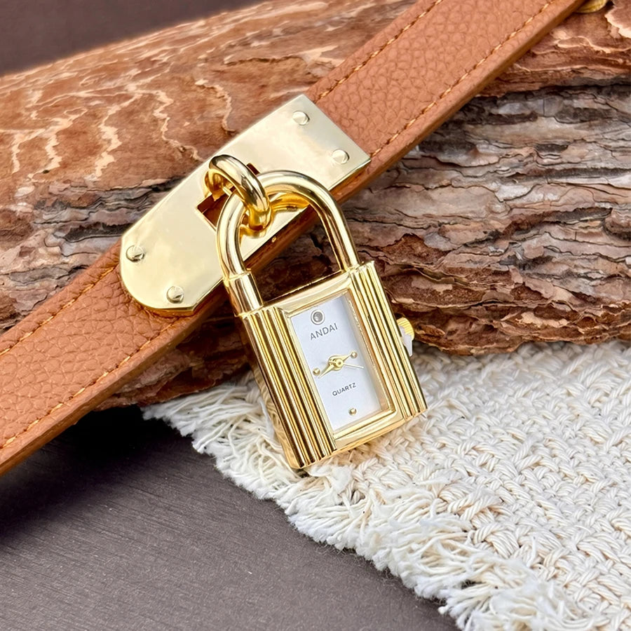 Leather Watch for Woman: Edgy Padlock Dial Soft  Strap Bold Personalized Fashion Watch for Women