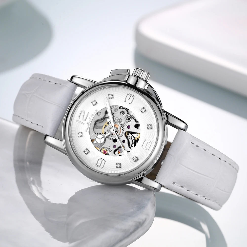 Winner Women’s Automatic Watch Self-Winding Mechanical Fashion Casual Skeleton Elegant White Leather Lady Wristwatch Girl Dress