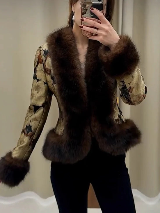 Women Floral Jacquard Faux Fur Trim Jacket V Neck Single Button Long Furry Cuff Cropped Coats Vintage Winter Warm Party Coat
