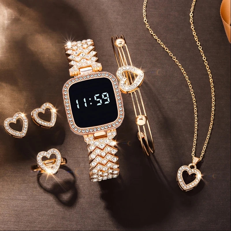 Women Led Watch 6pcs Set  Fashion Casual  Digital Watch FREE Bracelet Ring Necklace Earring