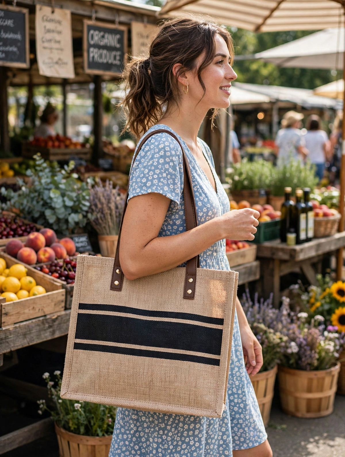 Woman carrying the tote bag at a farmers market