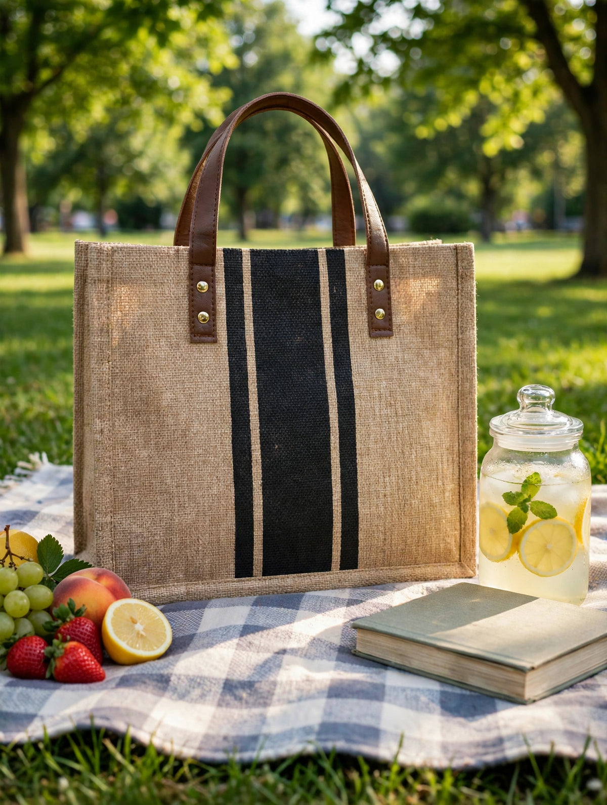 Tote bag on a picnic blanket in the park