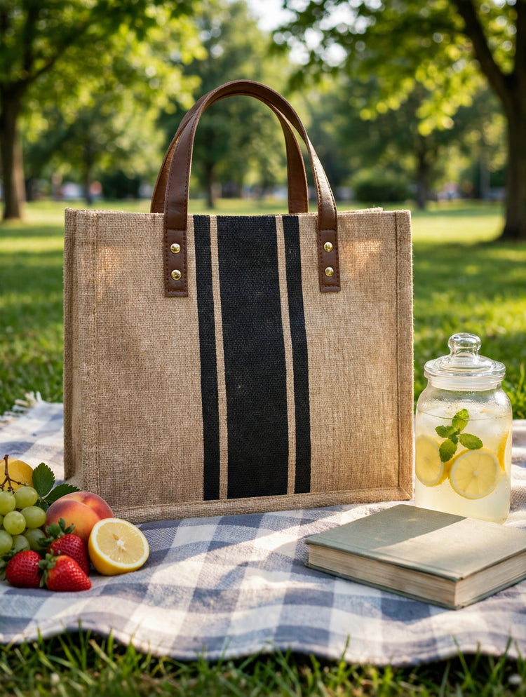 Tote bag on a picnic blanket in the park