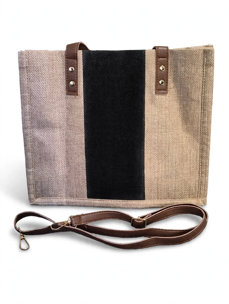Woven tote bag front view with detachable shoulder strap
